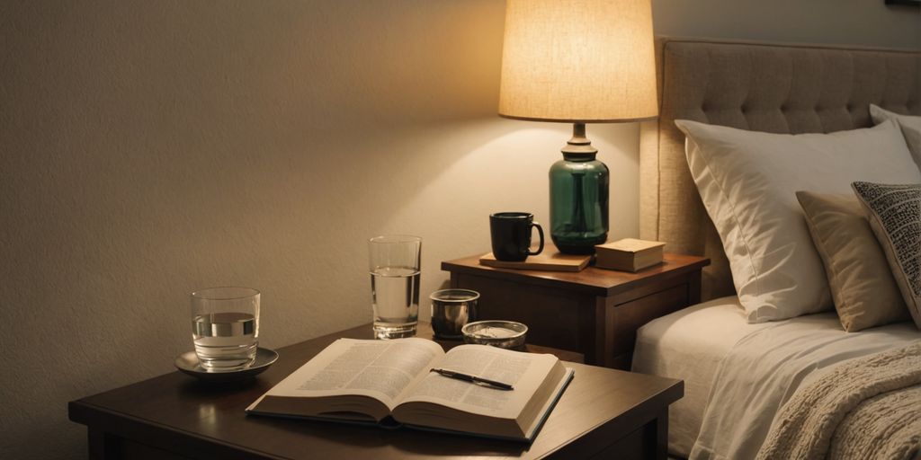 Cozy bedroom with soft lighting and a bedside table.