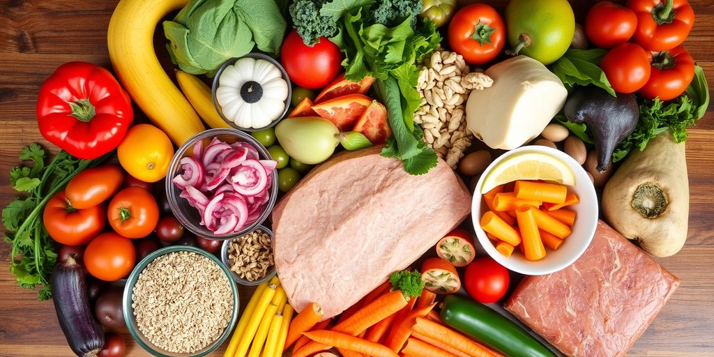 A variety of healthy foods on a wooden table.