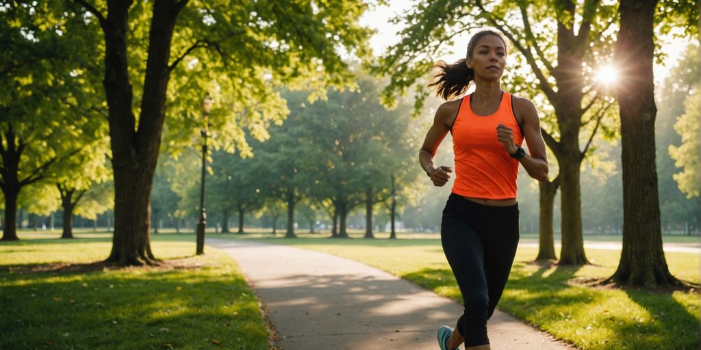 Person jogging in park with sunlight through trees.