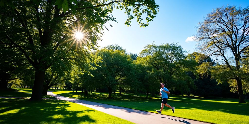 Person jogging in a sunny park