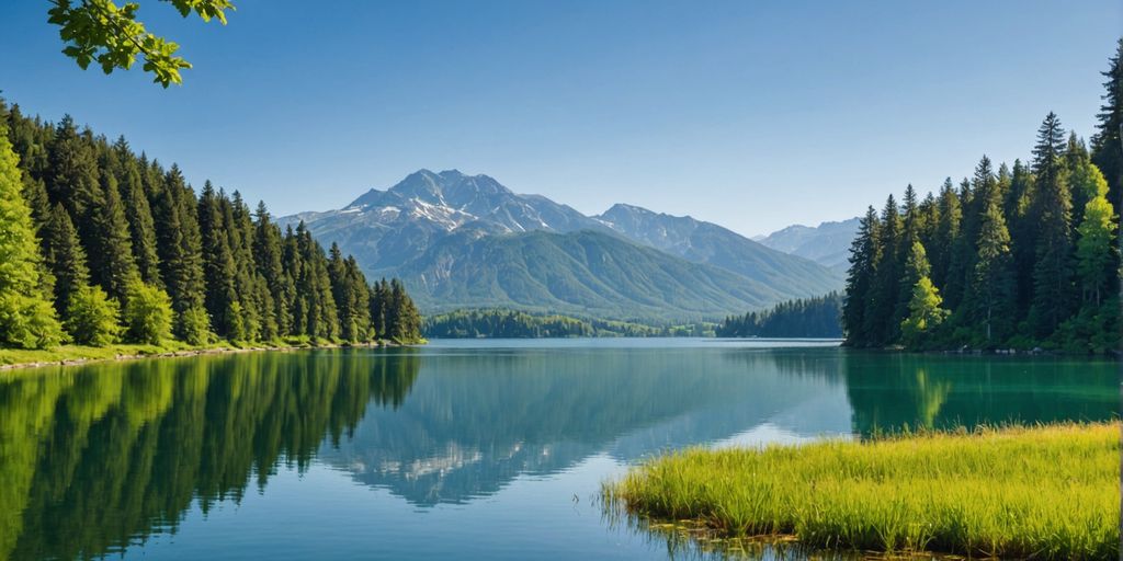 Serene lake with trees and mountains