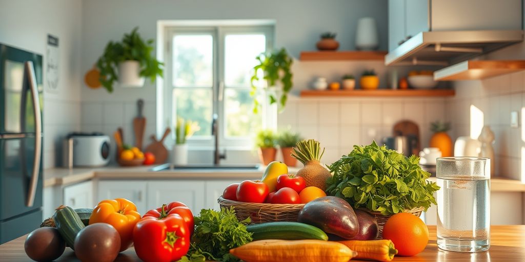 Sunlit kitchen with fresh fruits and vegetables