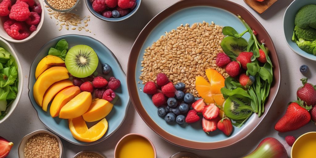 Plate of fresh fruits, vegetables, and whole grains