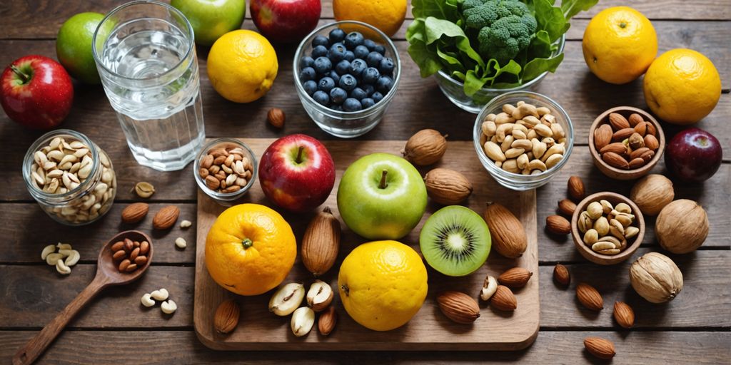 Healthy foods and water on a table