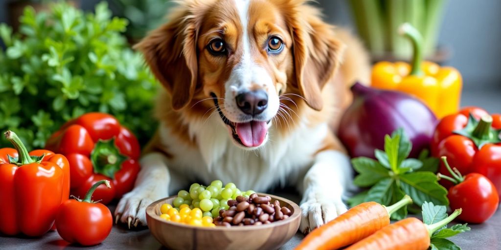 Healthy dog with vegetables and natural remedies for diabetes.