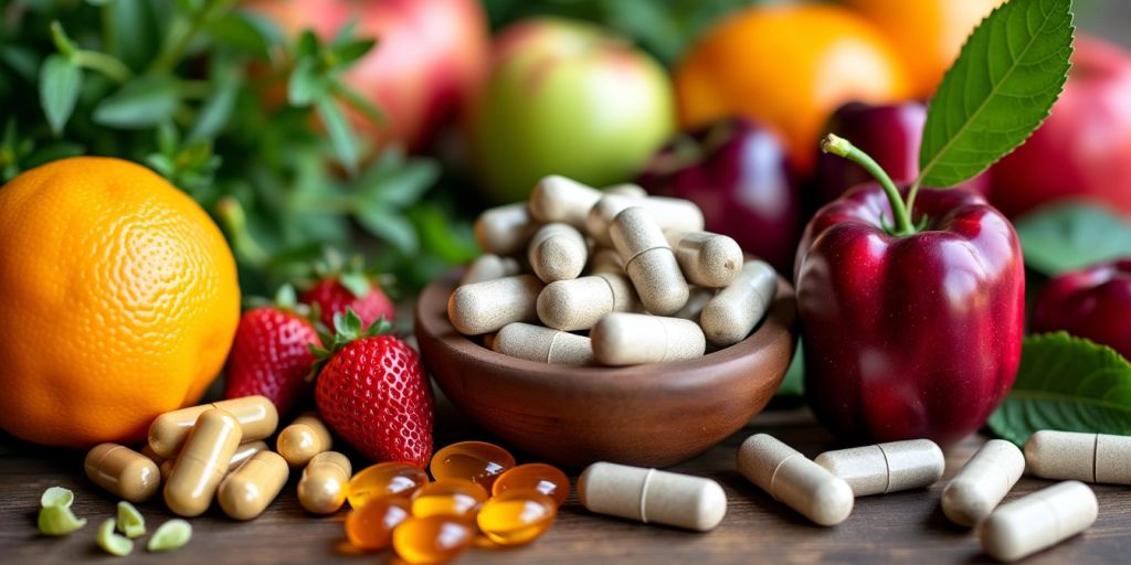 Colorful natural supplements for diabetes on a wooden table.