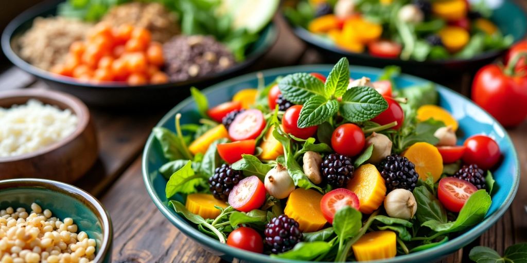 Assorted healthy meals on a wooden table.