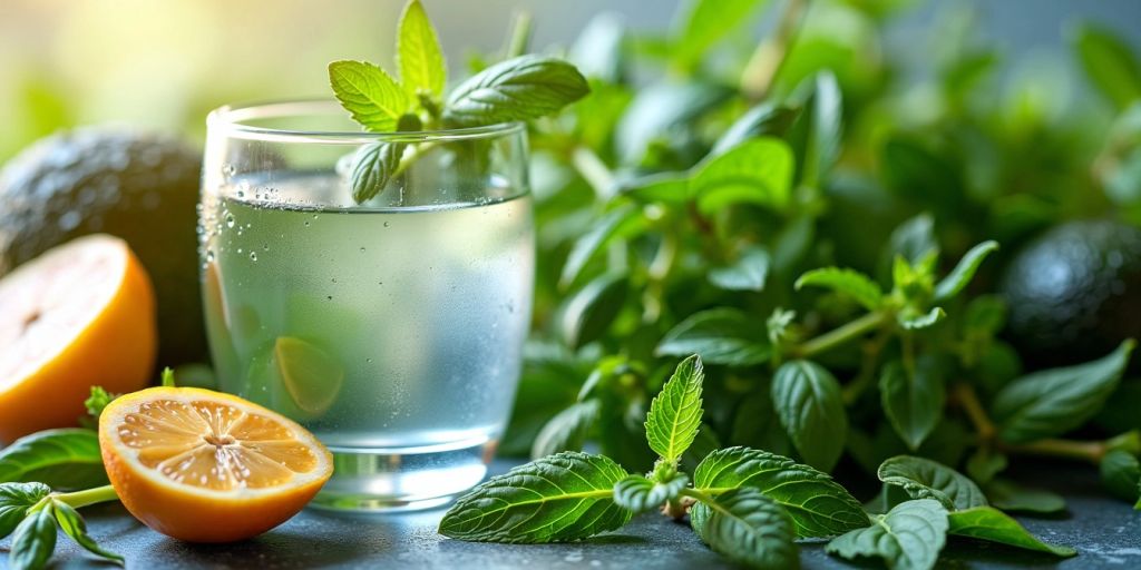 Glass of water with herbs and fruits around it.