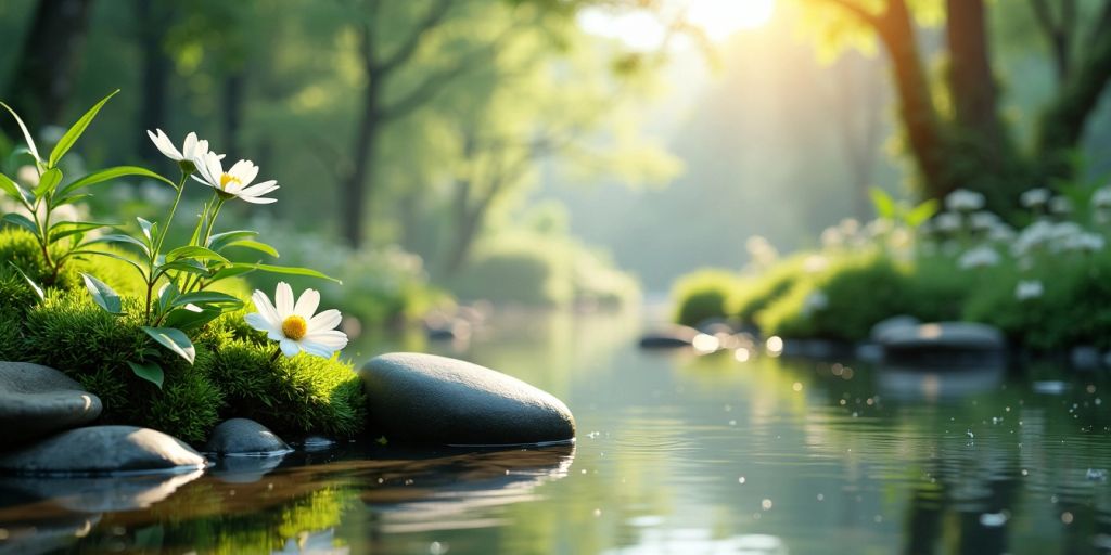 Tranquil nature scene with greenery and calming water.