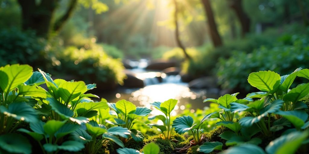 Lush green plants by a tranquil water stream.