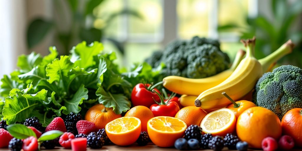 Colorful fruits and vegetables on a wooden table.