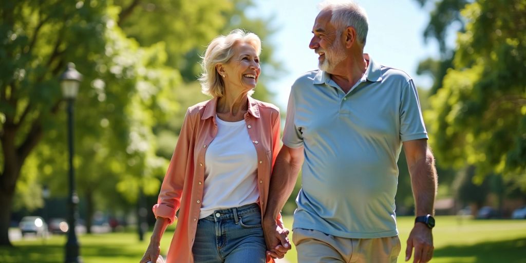 Happy couple walking in a sunny park.