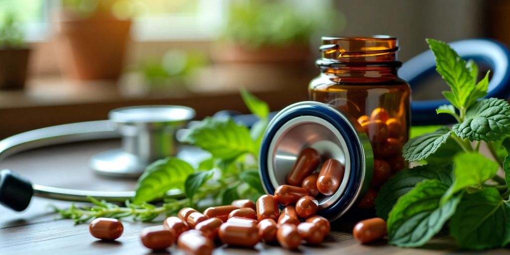 Berberine capsules with herbs and a stethoscope.