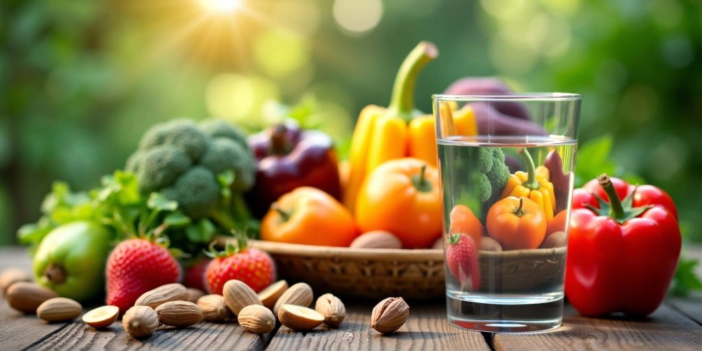 Fresh fruits and vegetables with a glass of water.