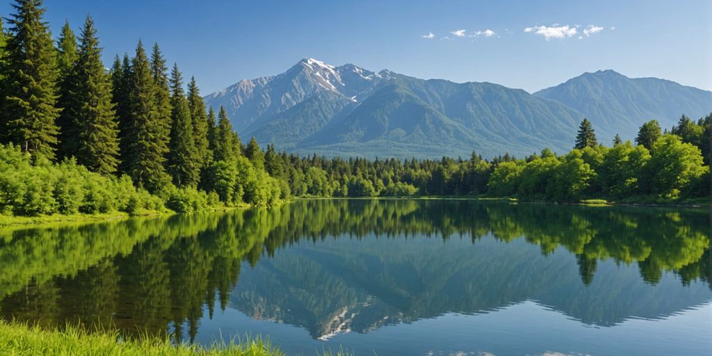 Serene lake with trees and mountains