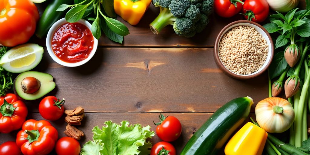 Colorful vegetables and grains on a wooden table.