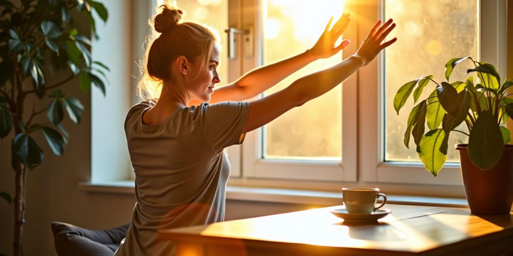 Person stretching by a sunny window with coffee.