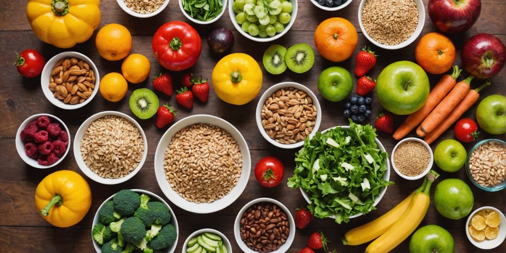 Fresh fruits, vegetables, grains, and proteins on a table.