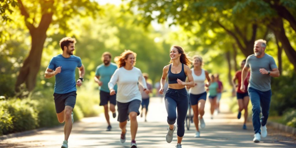 People exercising outdoors in a sunny park.