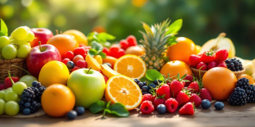 Assorted fresh fruits on a wooden table.