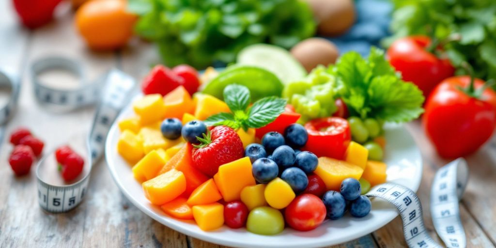 Colorful fruits and vegetables on a plate with measuring tape.