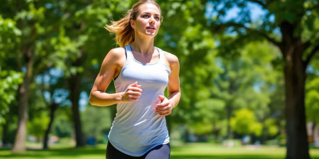 Person jogging in a park, promoting healthy lifestyle choices.