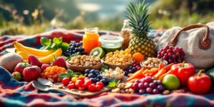 Healthy snacks for travel on a picnic blanket.