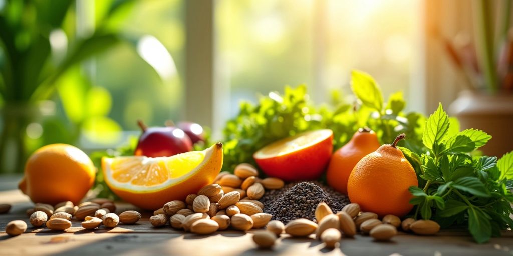 Colorful fruits and herbs on a wooden table.