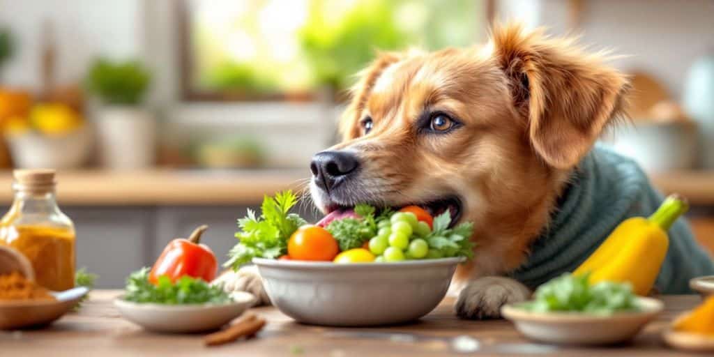 Dog with vegetables and herbs for diabetes treatment.