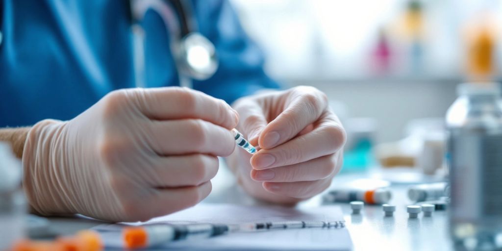 Healthcare professional preparing insulin in a clinic setting.