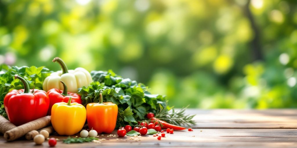 Fresh fruits and vegetables on a wooden table.