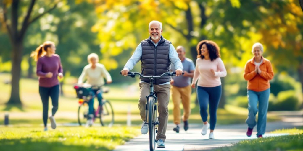 Group exercising outdoors for diabetes health and control.