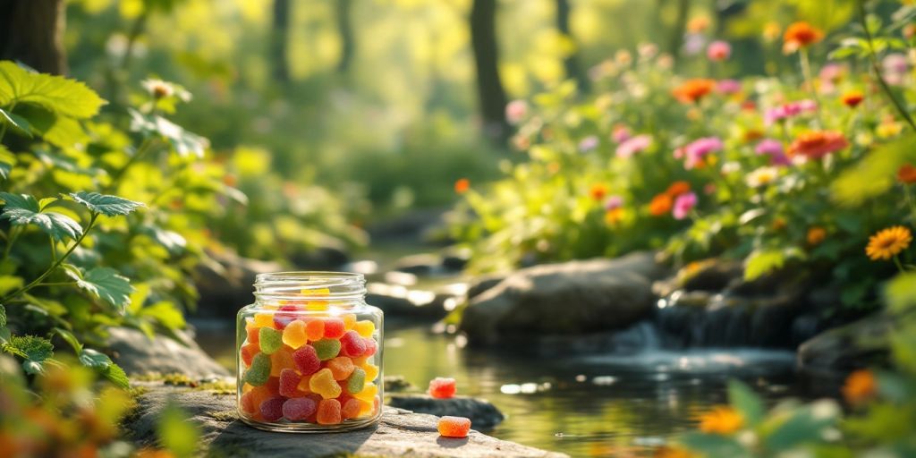 Nature scene with gummies in a peaceful setting.