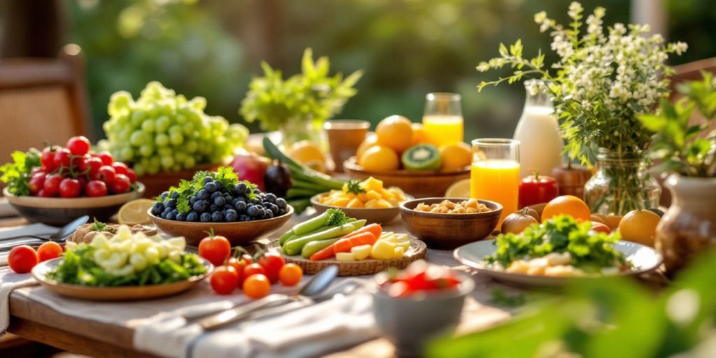 Healthy food spread at a peaceful outdoor dining setup.