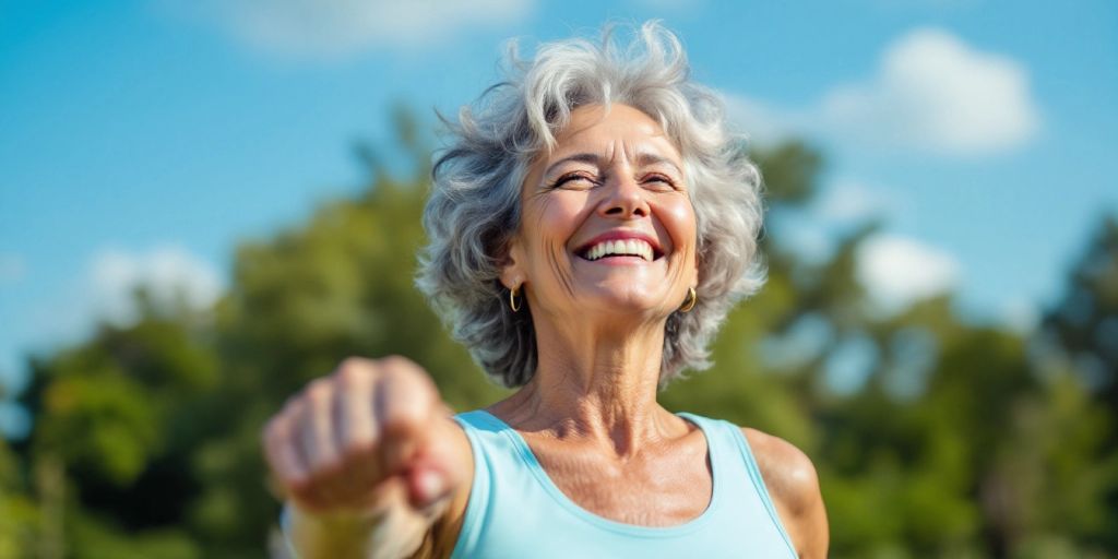 Mature woman exercising outdoors in a natural setting.