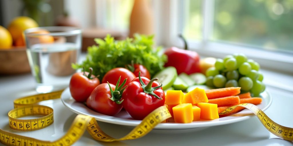 Colorful fruits and vegetables on a plate for healthy eating.