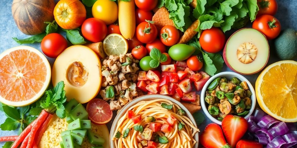 Colorful fruits and vegetables on a wooden table.