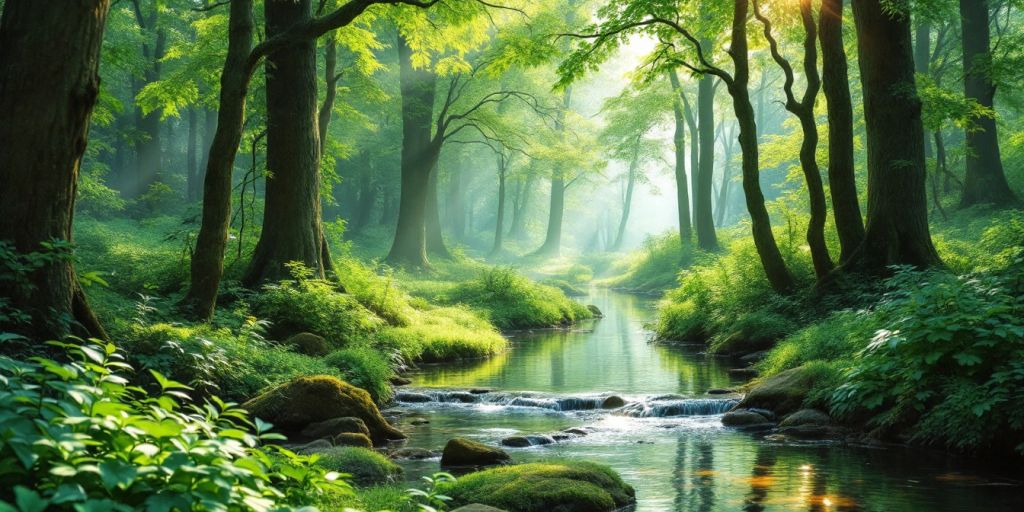 Tranquil forest landscape with a flowing stream.