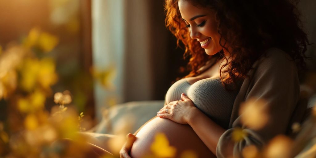 Pregnant woman cradling belly in a serene setting.