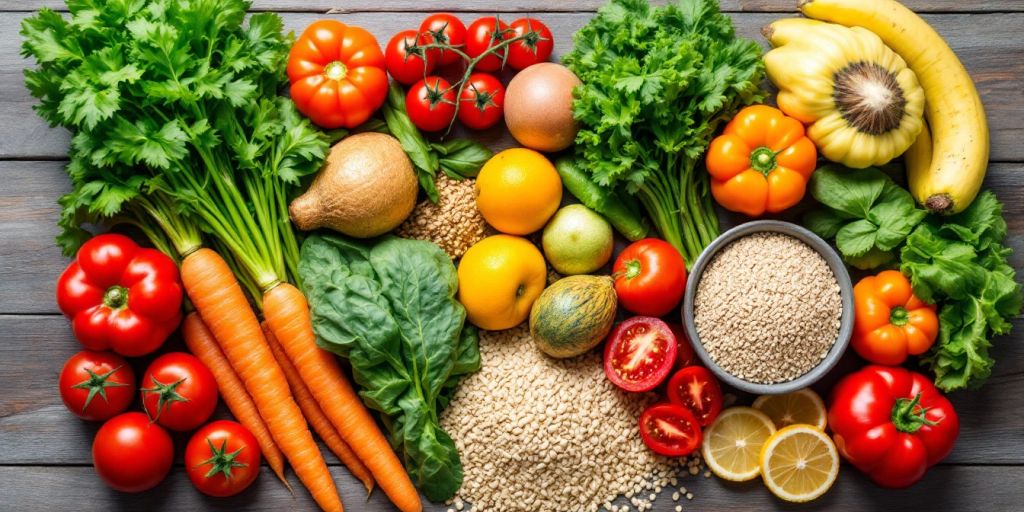 Fresh fruits and vegetables on a wooden table.