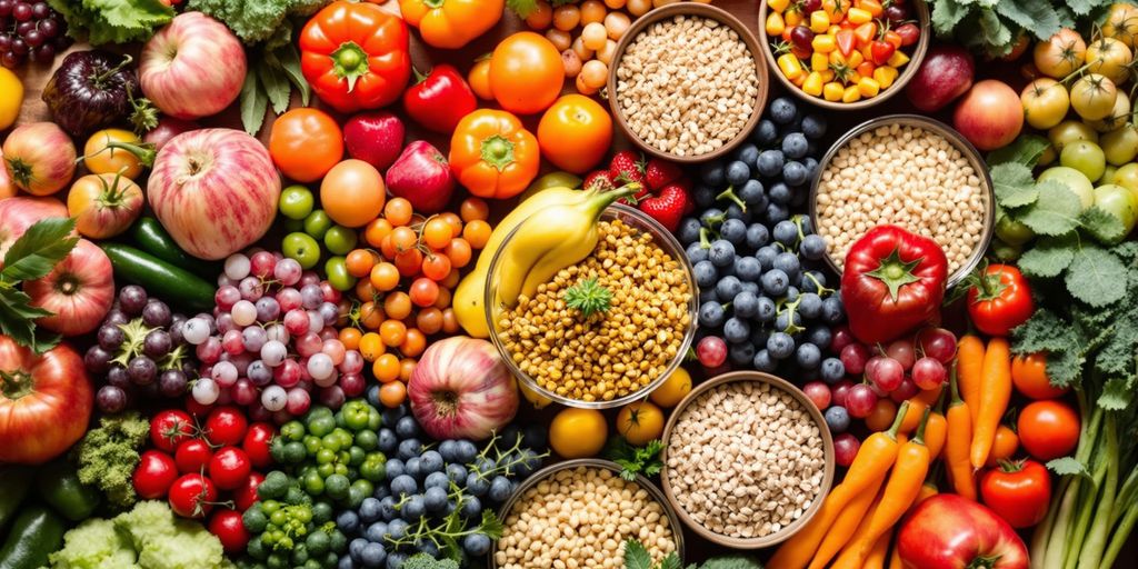 Assorted fruits and vegetables on a wooden table.