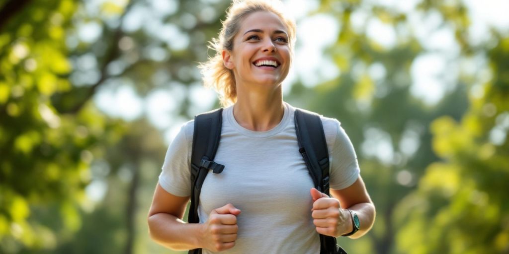 Person jogging in a sunny park, promoting exercise benefits.