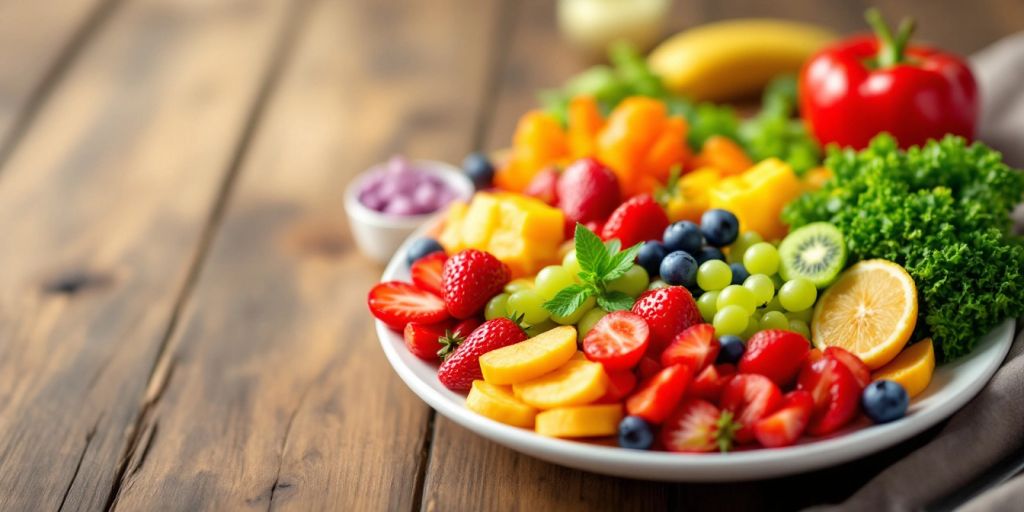 Colorful fruits and vegetables on a wooden table.