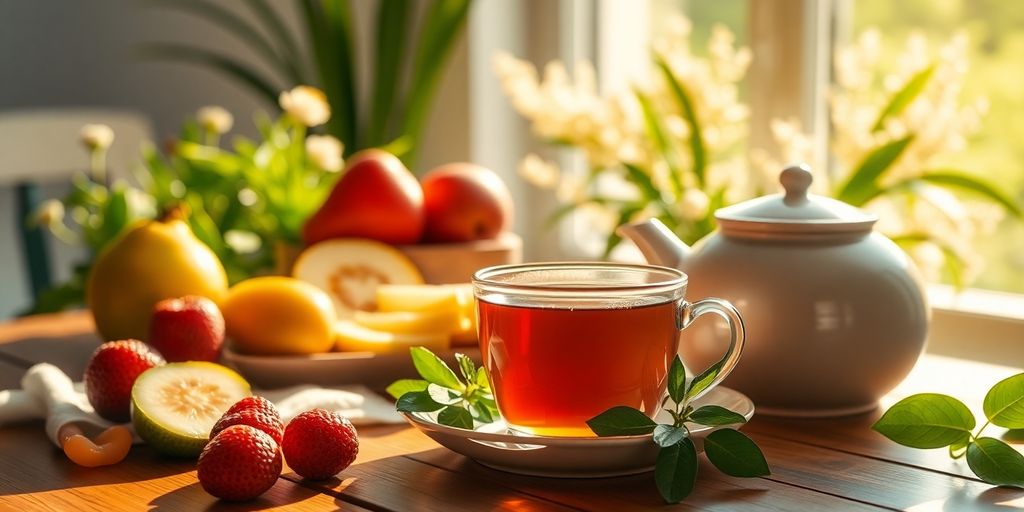 Sunlit breakfast scene with fruits and herbal tea.