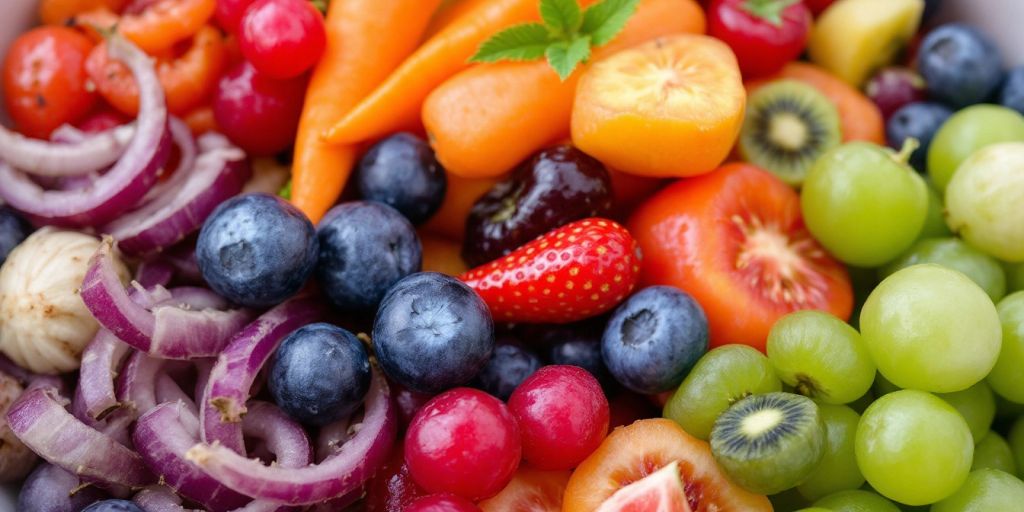 Bowl of colorful fruits and vegetables for healthy eating.