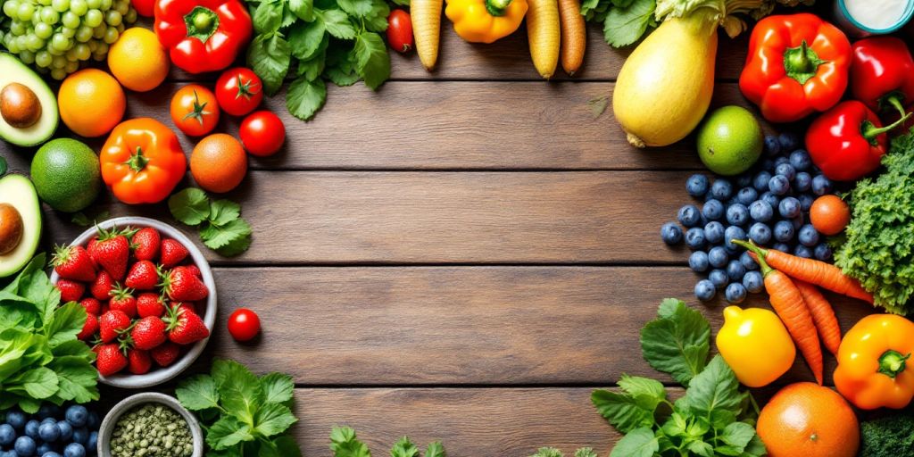 Colorful fruits and vegetables on a wooden table.