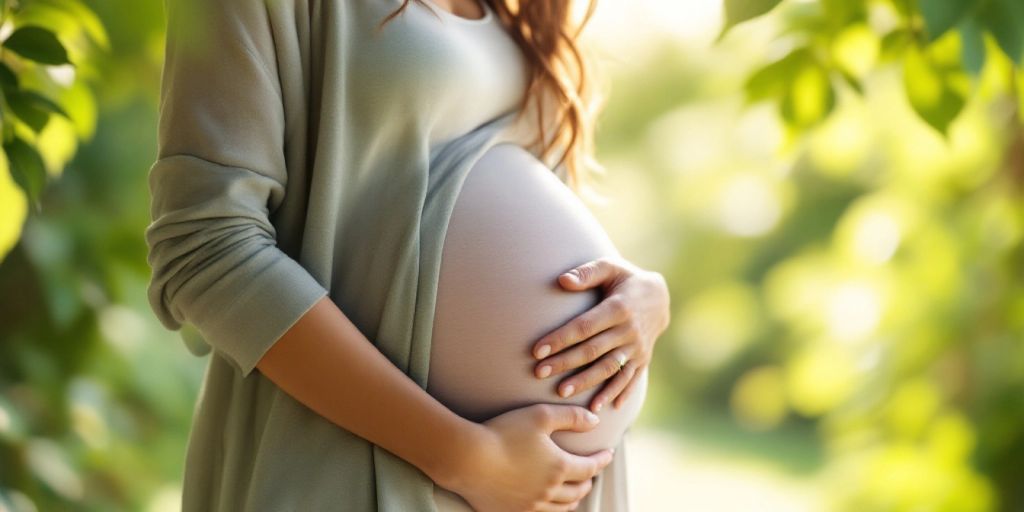 Pregnant woman in nature cradling her belly.