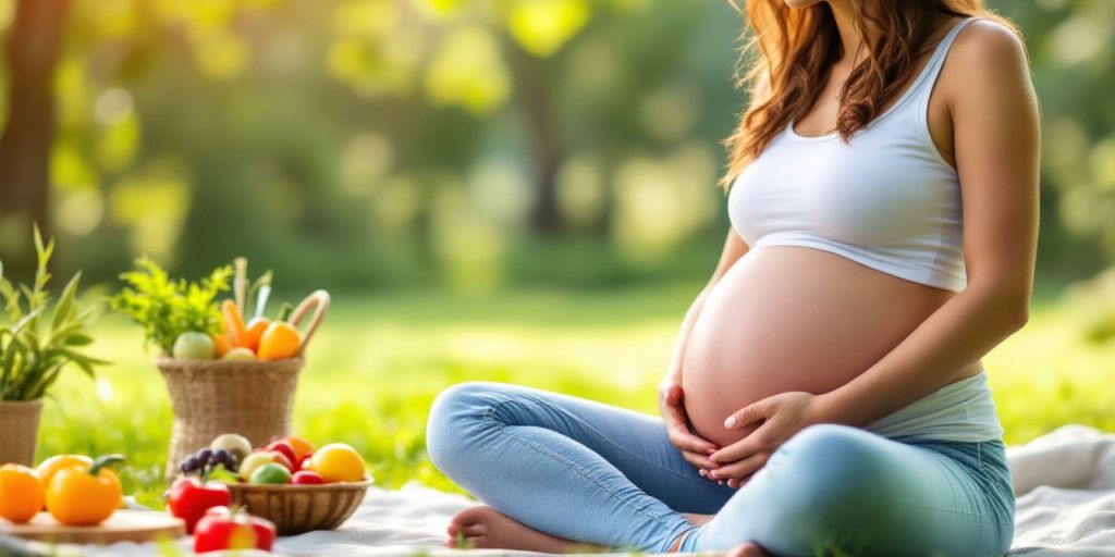 Pregnant woman practicing yoga and eating healthy food.