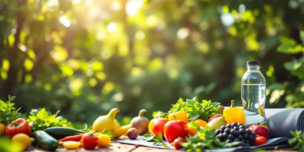 Fresh fruits and vegetables in a sunny outdoor setting.