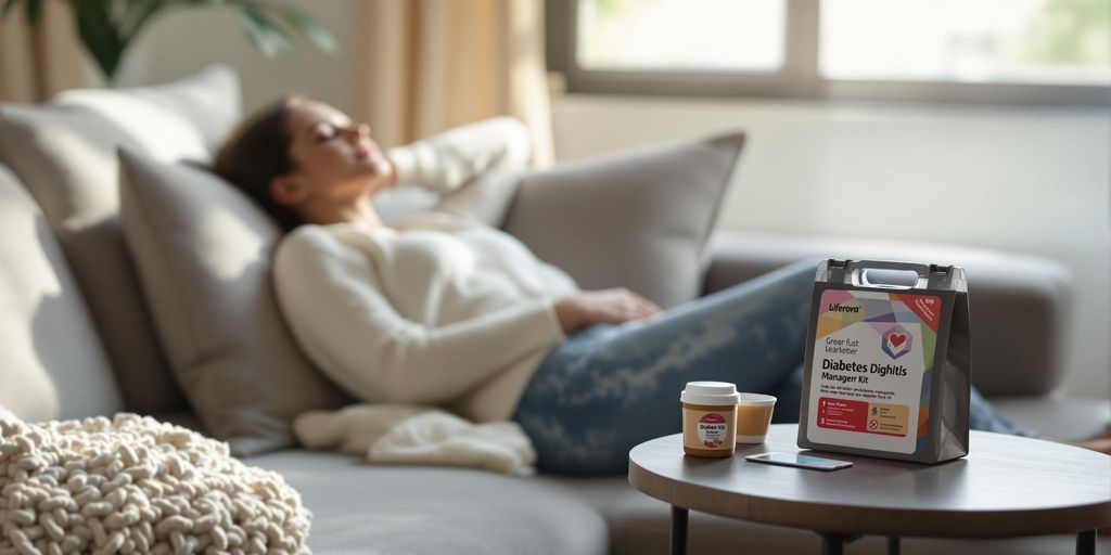 Person napping with diabetes management kit nearby.